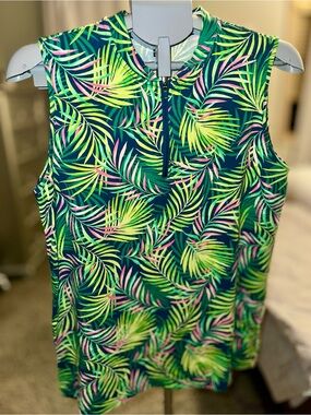 Lands' End Sleeveless Tank Top Zipper Neck. Tropical Baltic Palm- Size Large